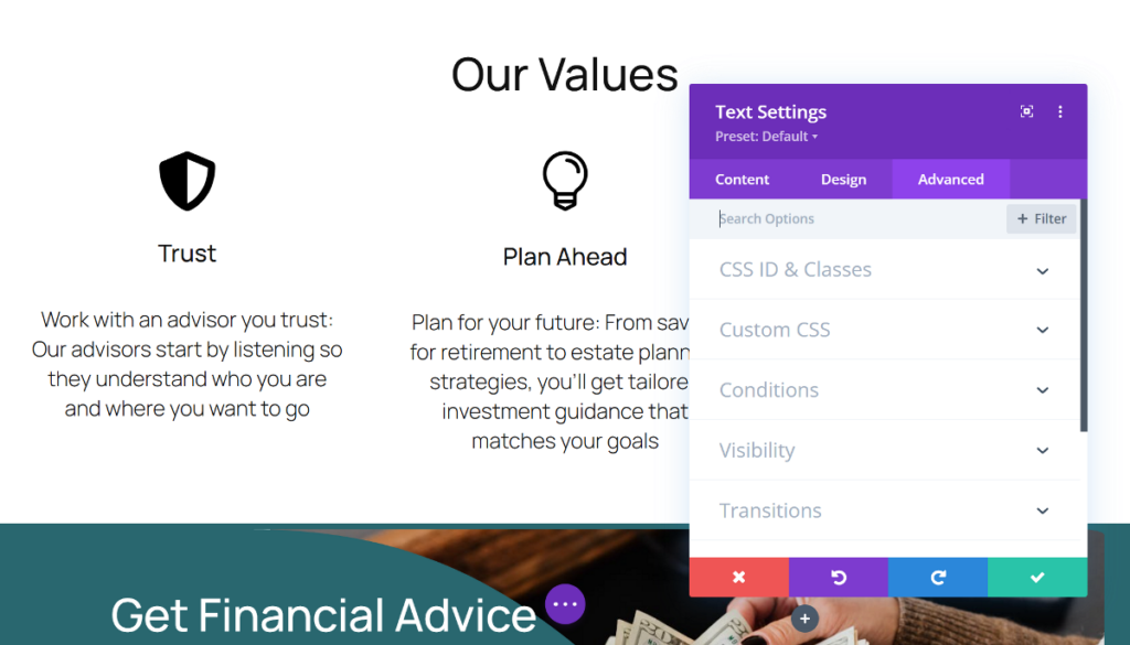 Divi module Advanced tab