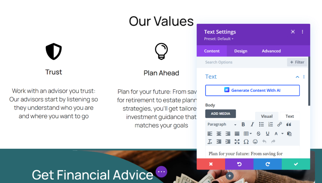 Divi module content tab
