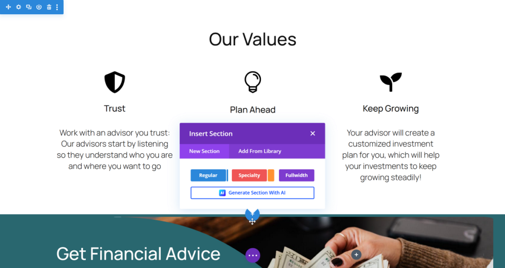 Generate section with AI in Divi