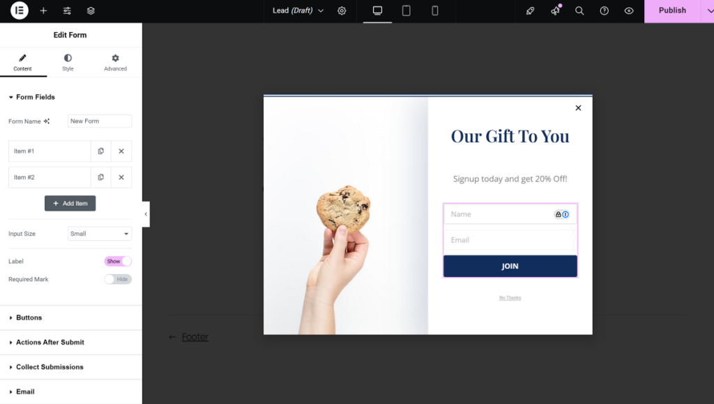 built in popup builder in Elementor