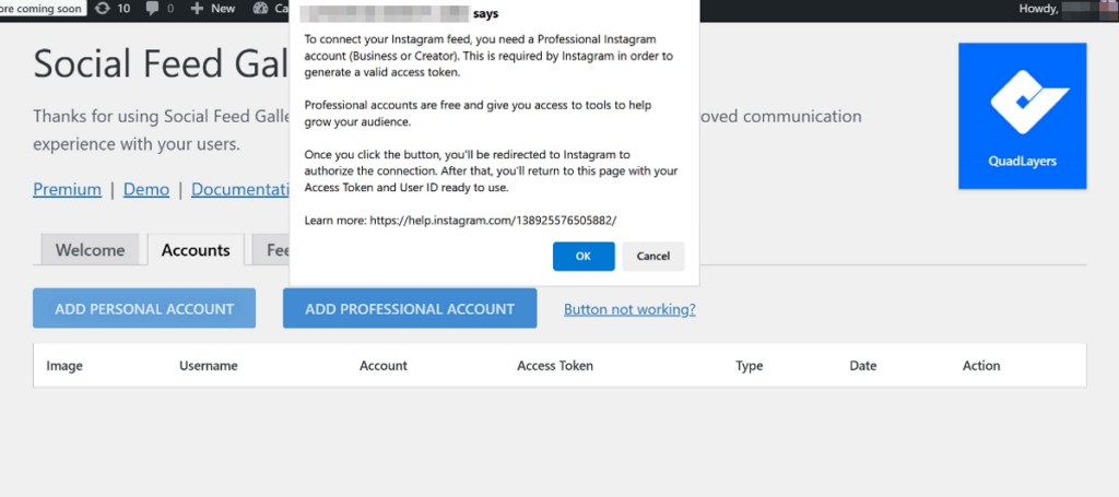 Add account to QuadLayer Instagram feed plugin