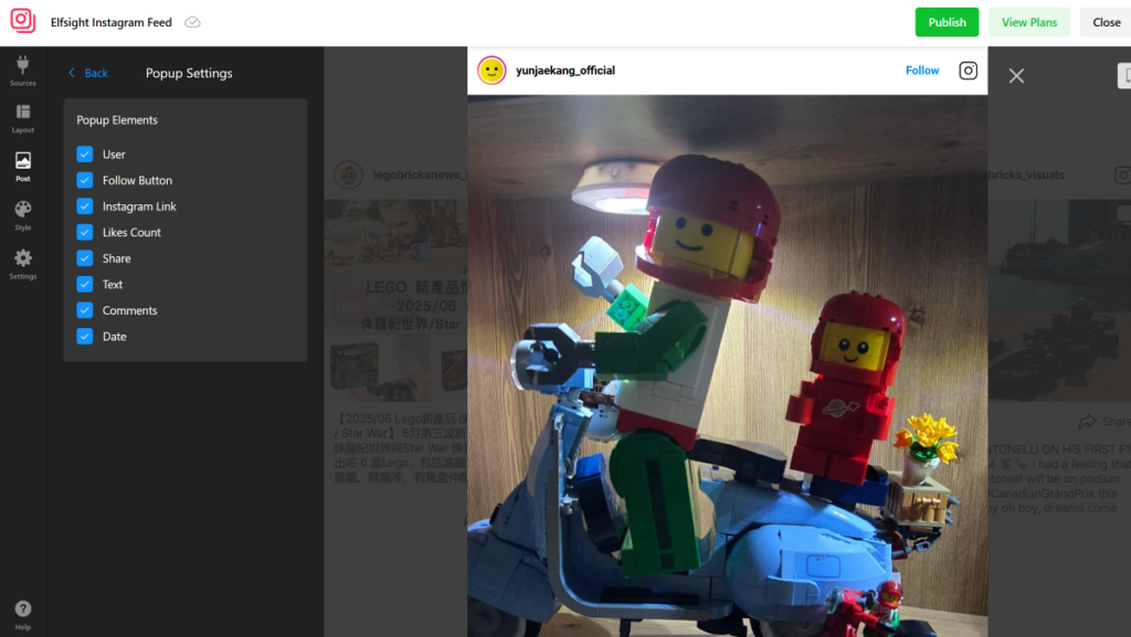 Elfsight Instagram gallery popup settings