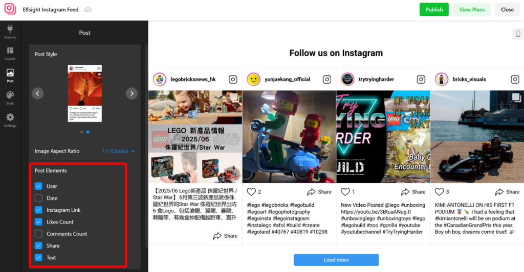 Elfsight widget post element selection