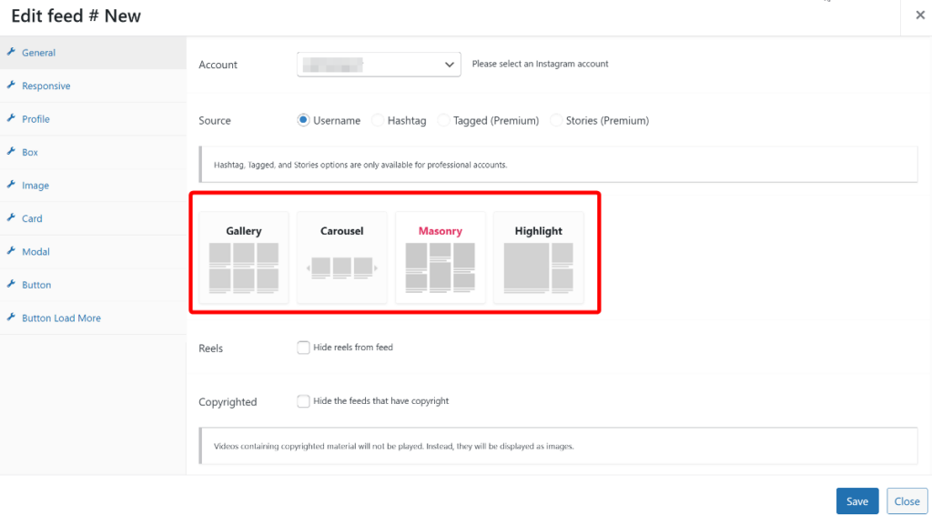 Layout options available in QuadLayer Social Feed