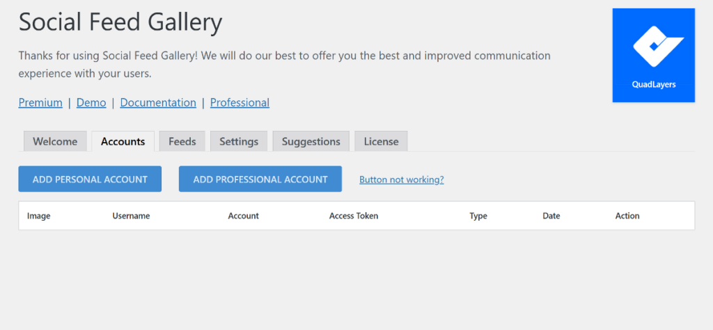 QuadLayer Social Feed plugin accounts page interface