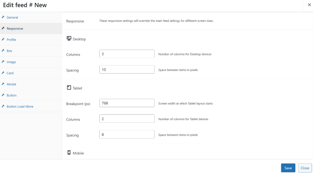QuadLayer Social Feed responsive controls