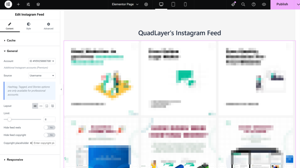 QuadLayer Instagram feed in Elementor editor