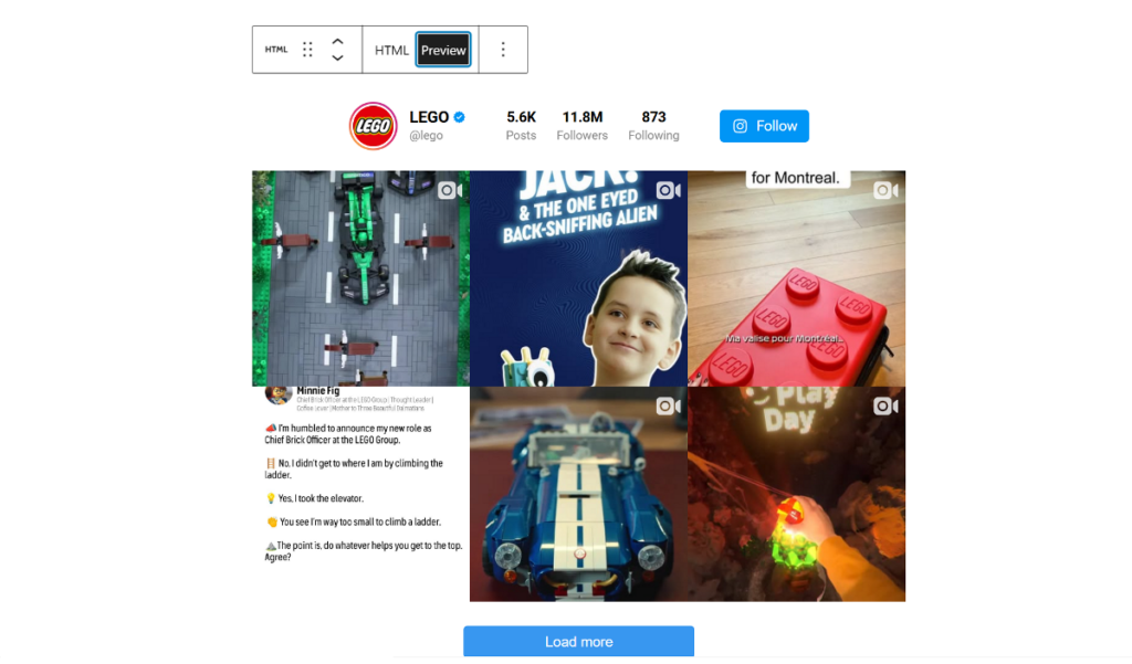 embed Elfsight Instagram feed widget code using custom HTML block