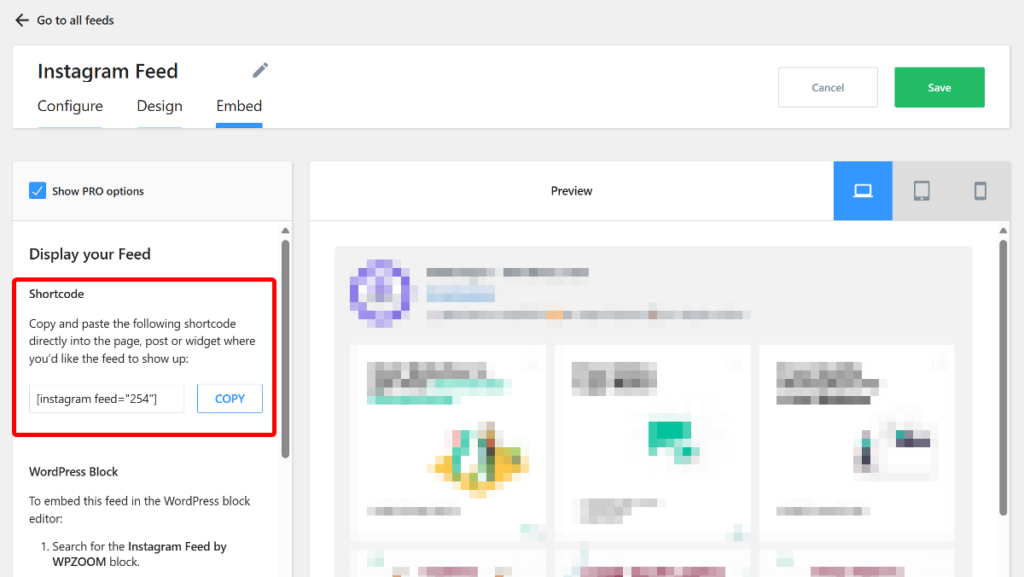 embed WPZOOM feed using shortcode