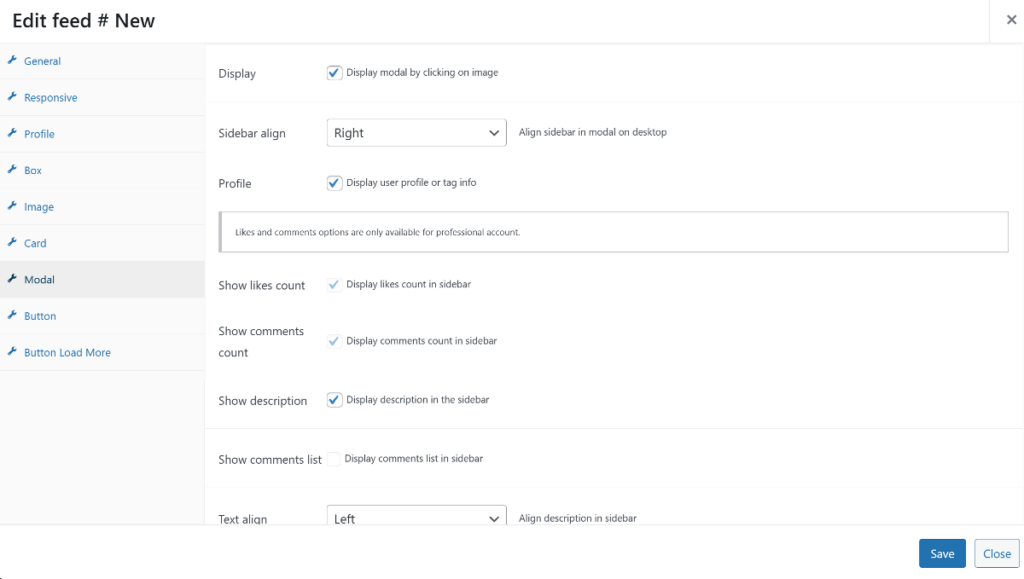 modal customization options in QuadLayer Instagram feed