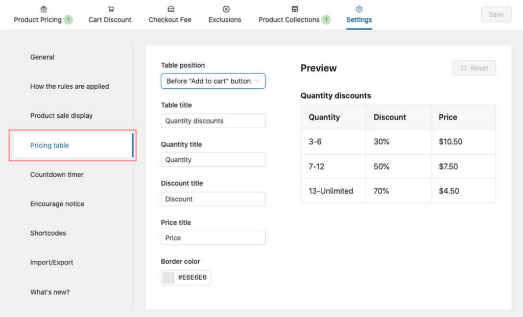 customizable pricing table in yaypricing