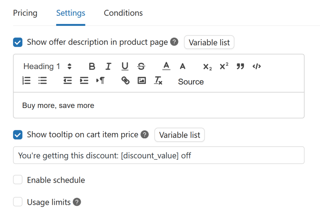 offer description and tooltip features in yaypricing