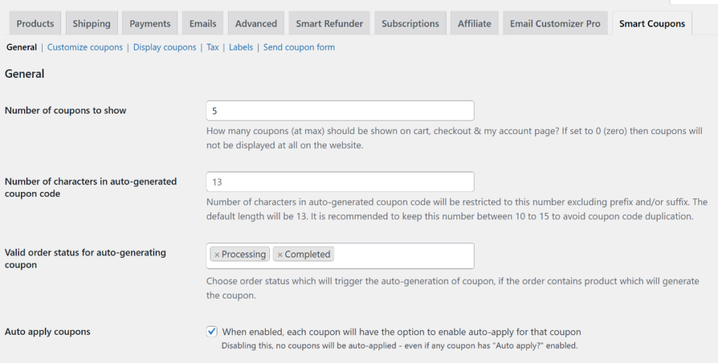smart coupons global settings page
