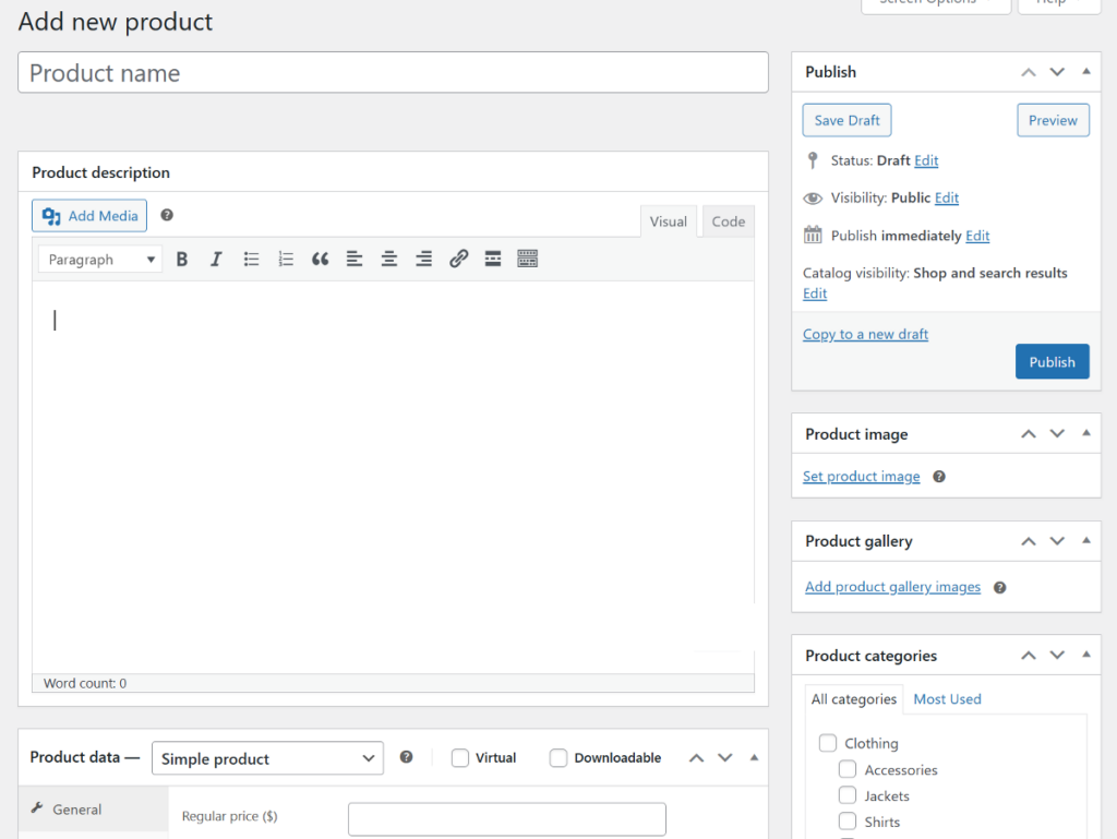 WooCommerce add new product interface