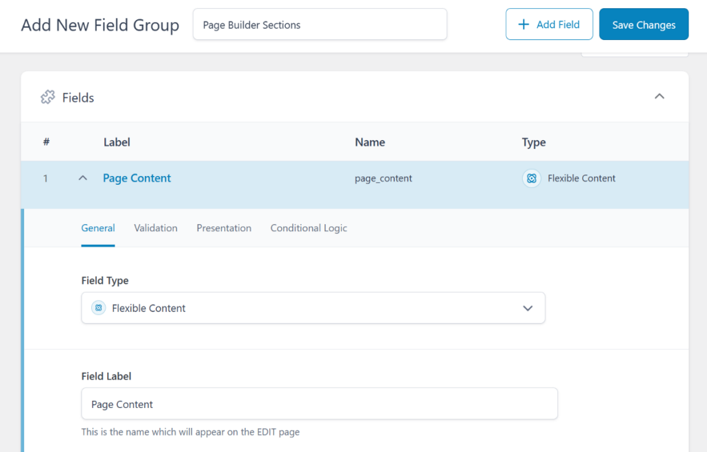 choose the field type as flexible content field
