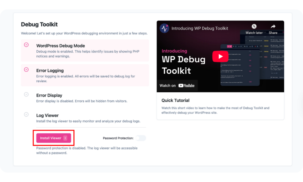 WP Debug Toolkit WordPress Error Log Viewer Installation