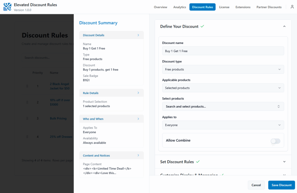 Elevated Discount Rules two column layout