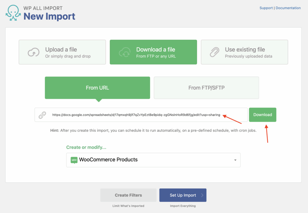 Import Google Sheets to WordPress Create New Import and Use Google Sheets URL as Source