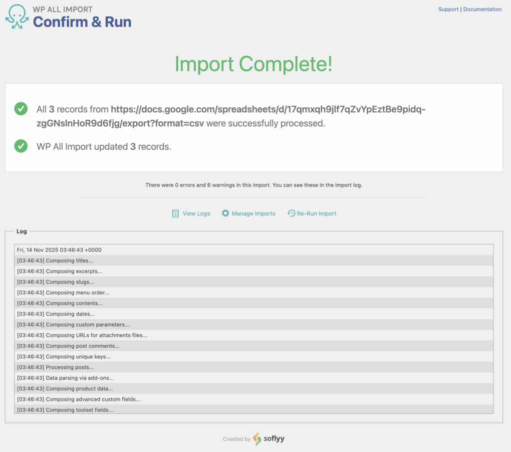 Import Google Sheets to WordPress Import Complete Message