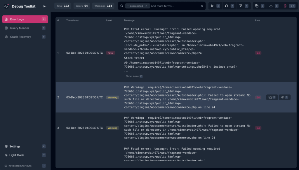 WP Debug Toolkit Error Log Viewer