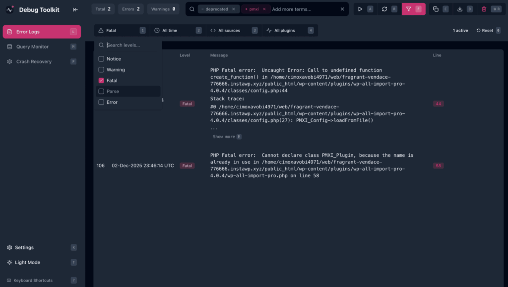 WP Debug Toolkit Error Log Filter