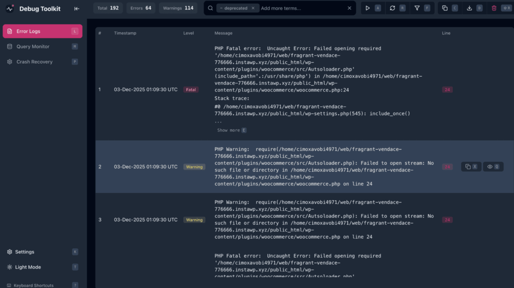 WP Debug Toolkit Error Log Viewer Details