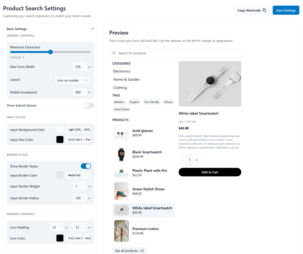 Product Search Settings from Elevated Product Search