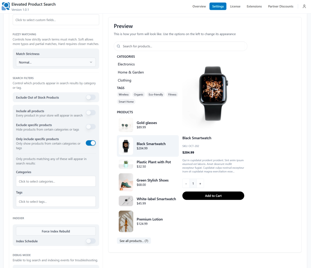 Elevated Product Search Settings with Live Preview