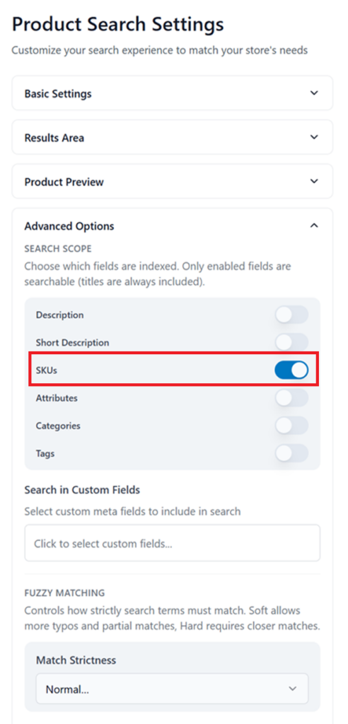 Elevated Product Search - Product Search Settings