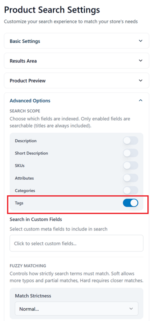 Elevated Product Search - Search Settings