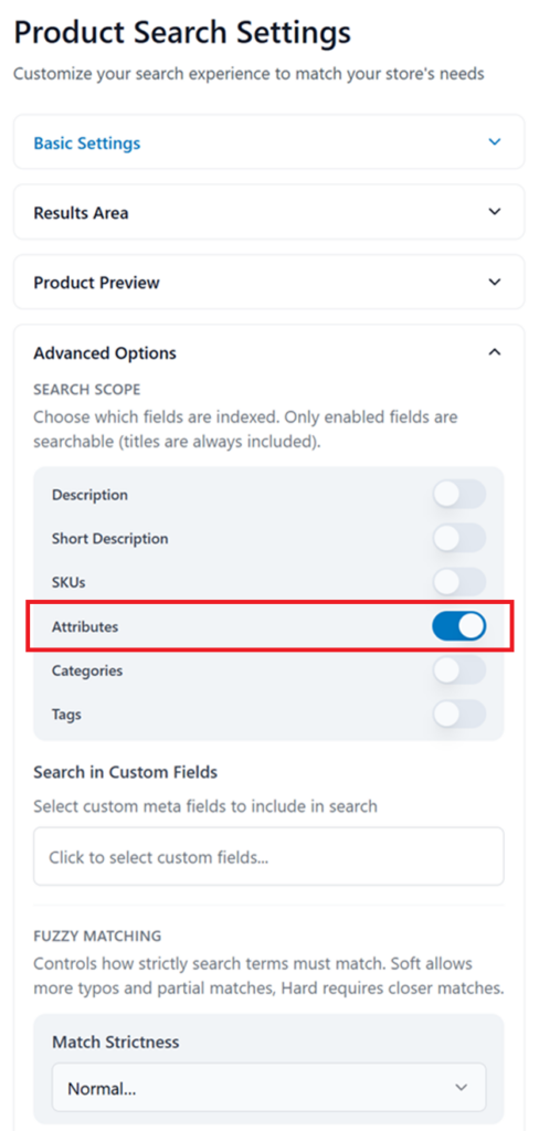 Elevated Product Search Settings