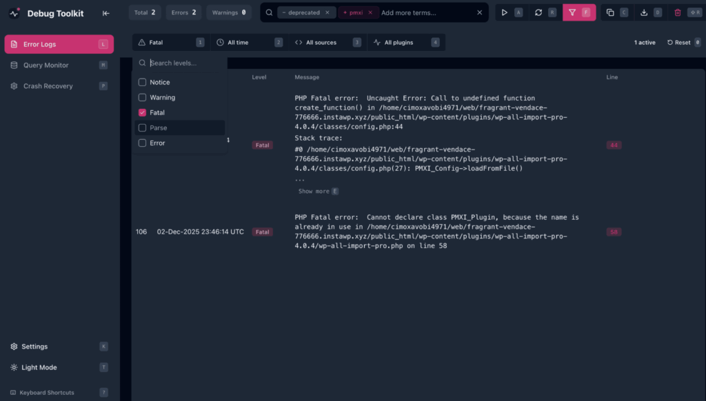 WP Debug Toolkit Error Log Filter