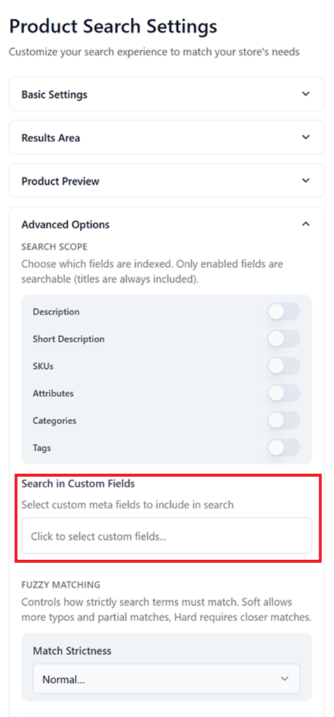 Elevated Product Search Settings