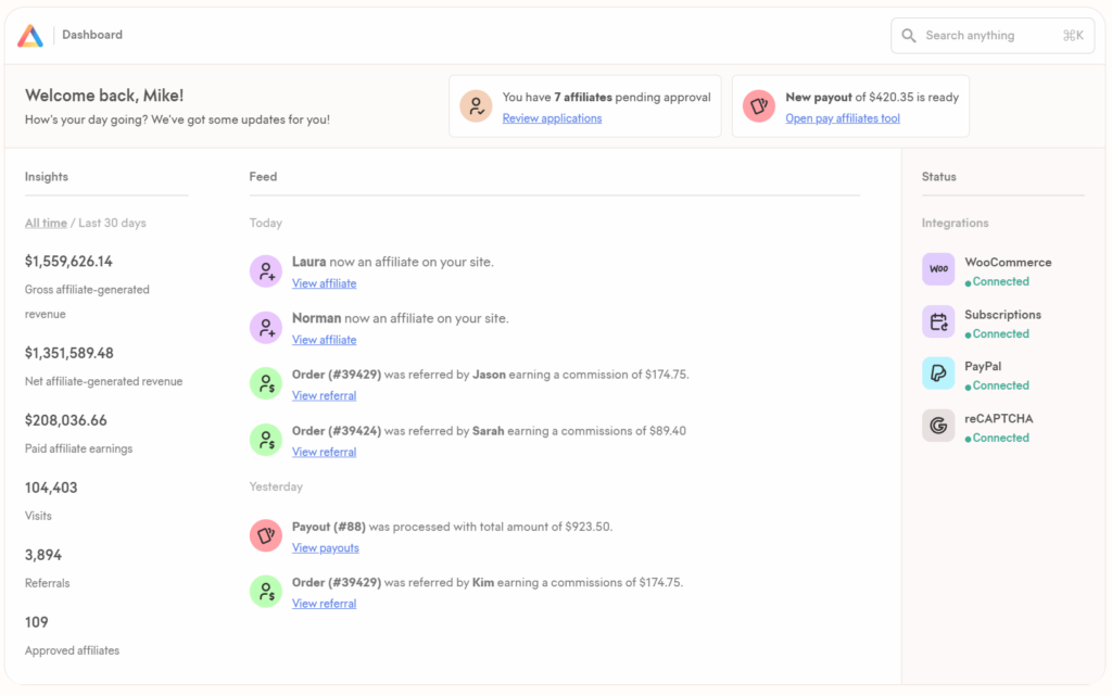 Dashboard for Solid Affiliate