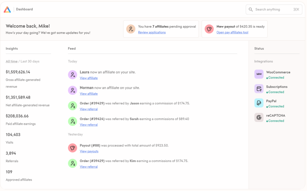 Dashboard for Solid Affiliate