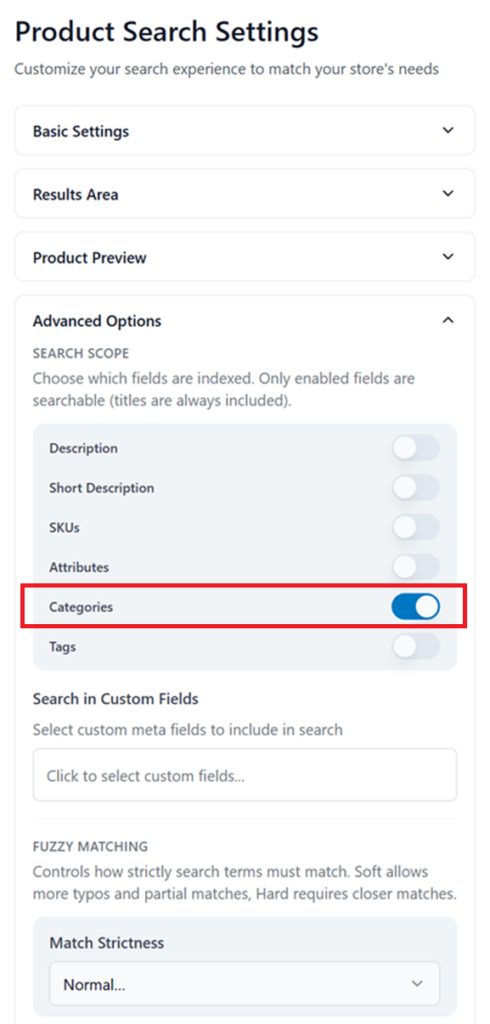 Elevated Product Search Settings