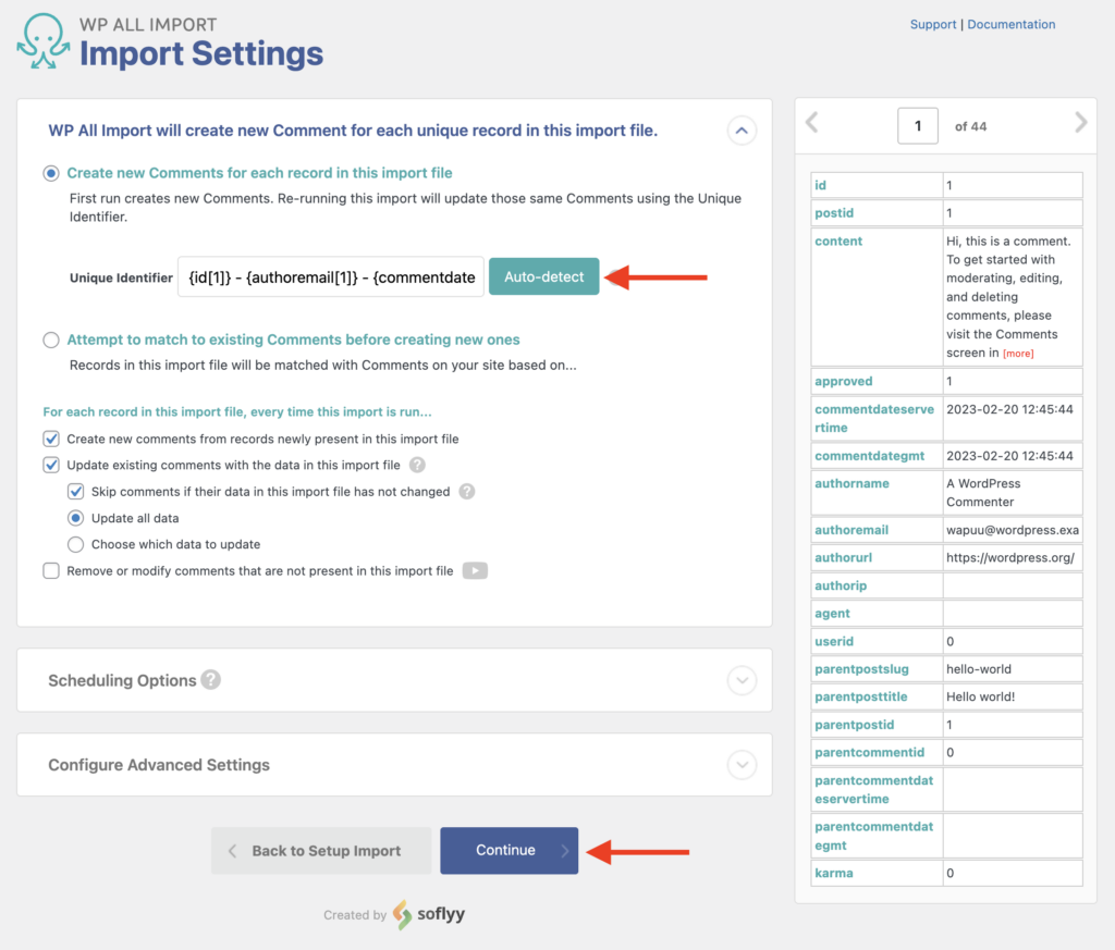 Import WordPress Comments Define Import Settings