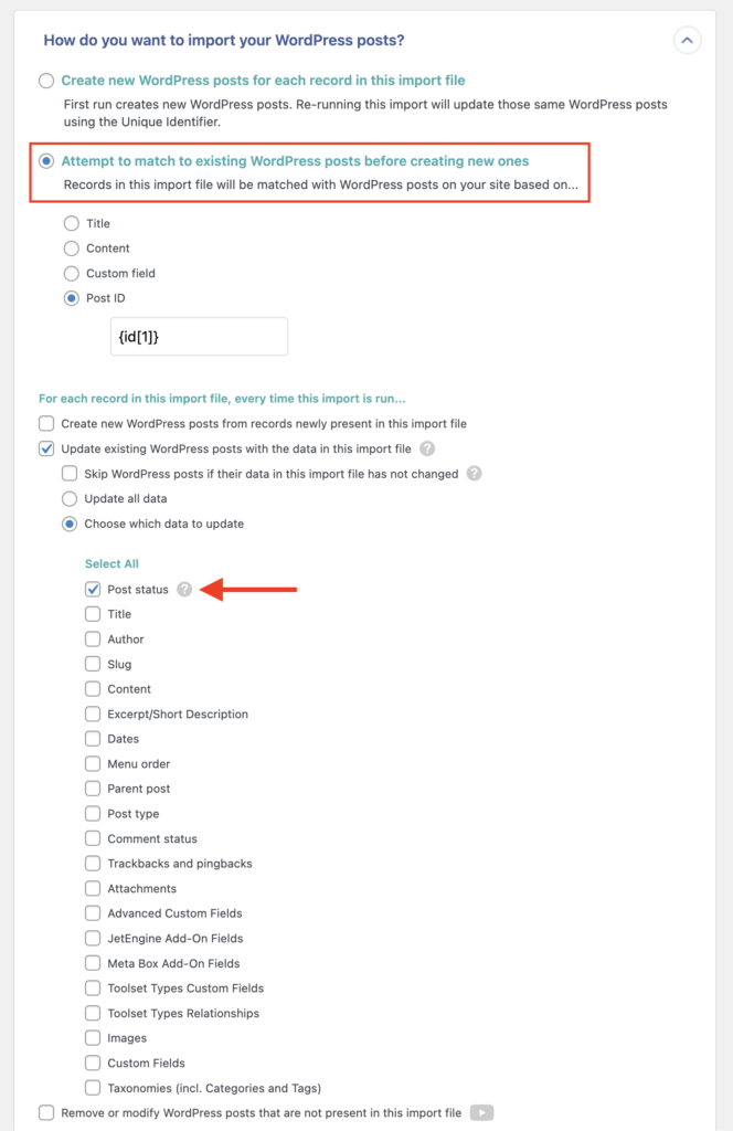 Delete Items Choose Existing Items and Update Post Status