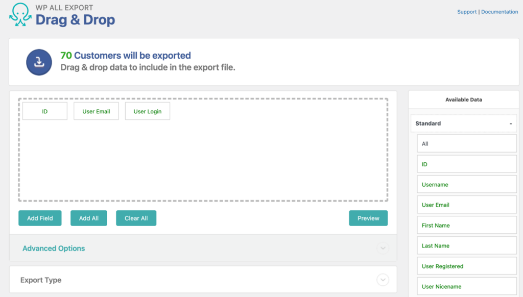 Drag and drop screen for exporting WooCommerce customers