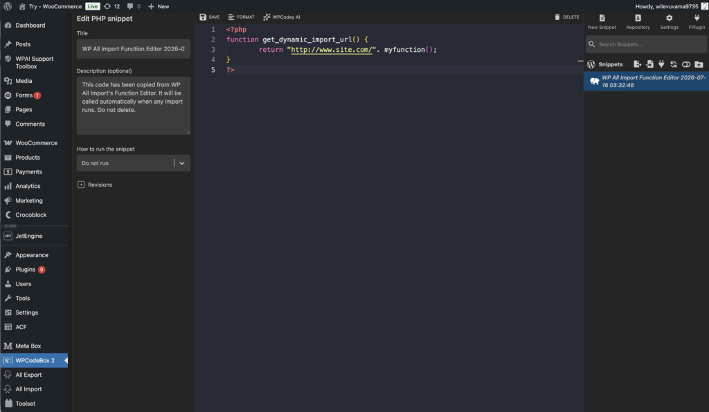 Function Editor from WPCodeBox
