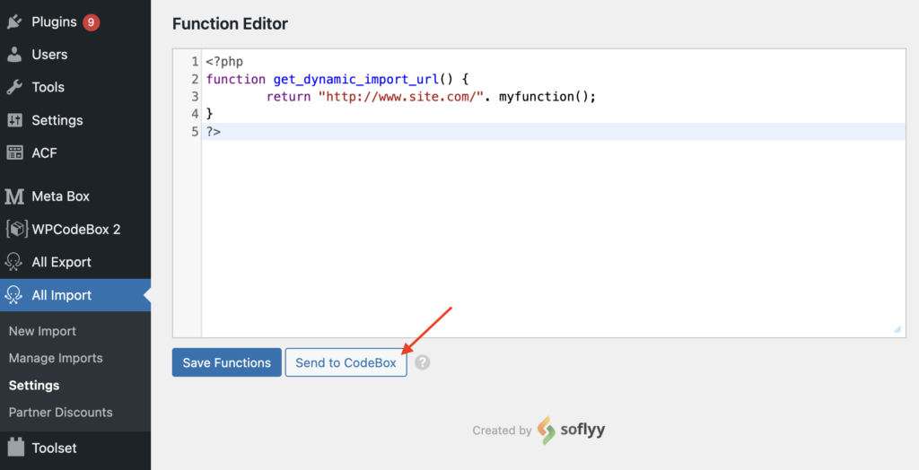 Send WP All Import Snippet to WPCodeBox