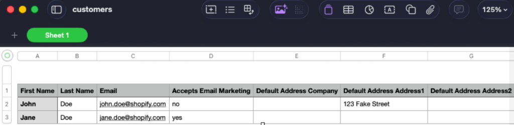 Shopify customer export file