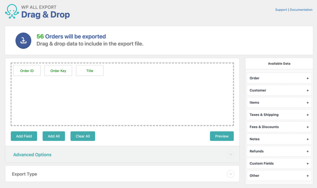 WP All Export drag and drop screen