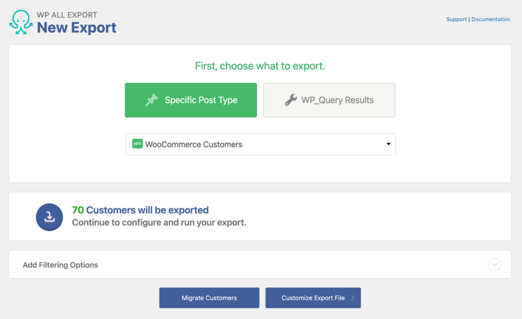 WP All Export start screen with WooCommerce Customers selected