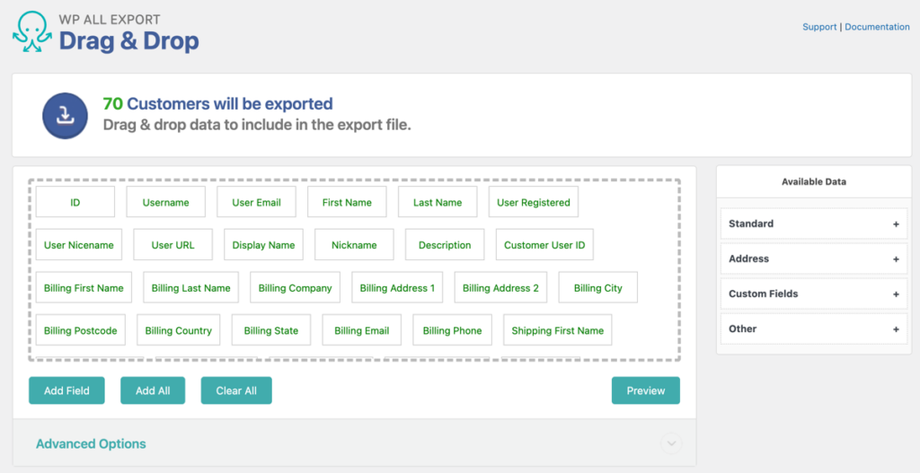 WooCommerce customer fields added to drag and drop screen