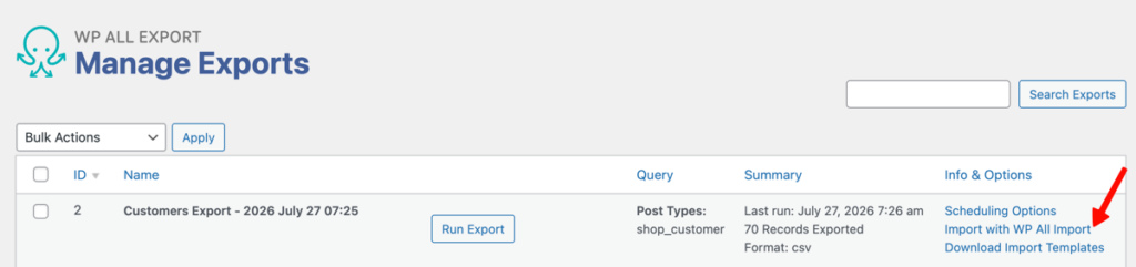 click Import with WP All Import on the Manage export page