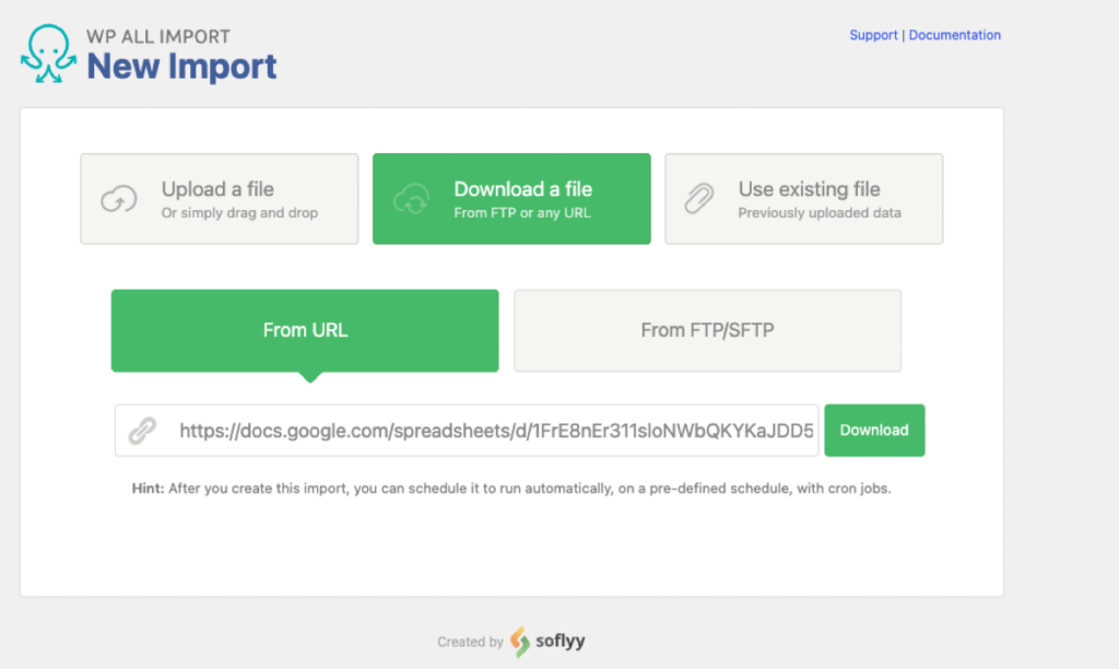 download from a URL Google Sheets WP All Import