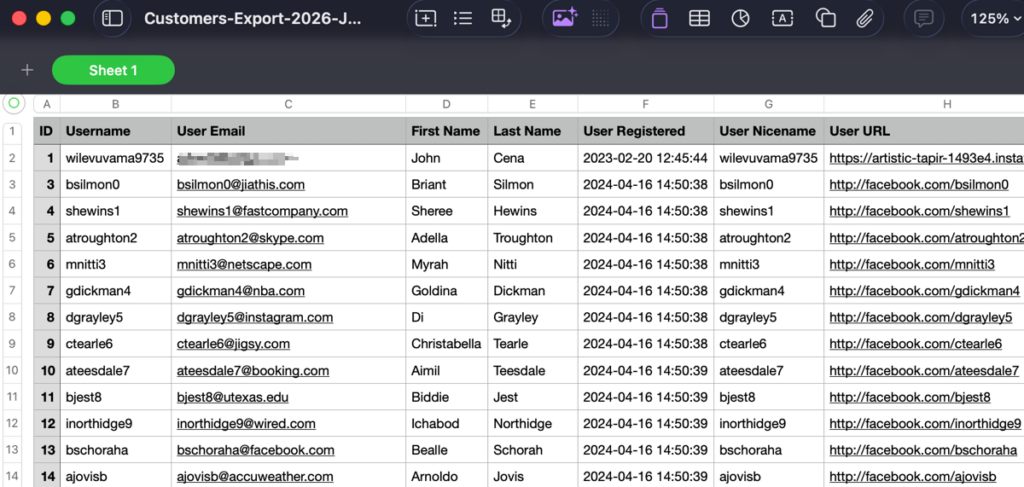 exported customers list from WP All Export