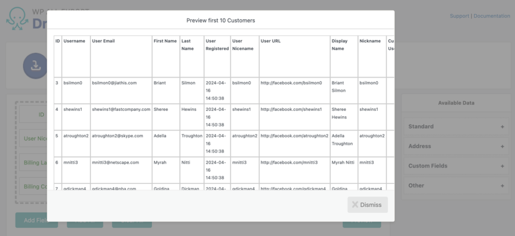 preview screen showing WooCommerce customer details