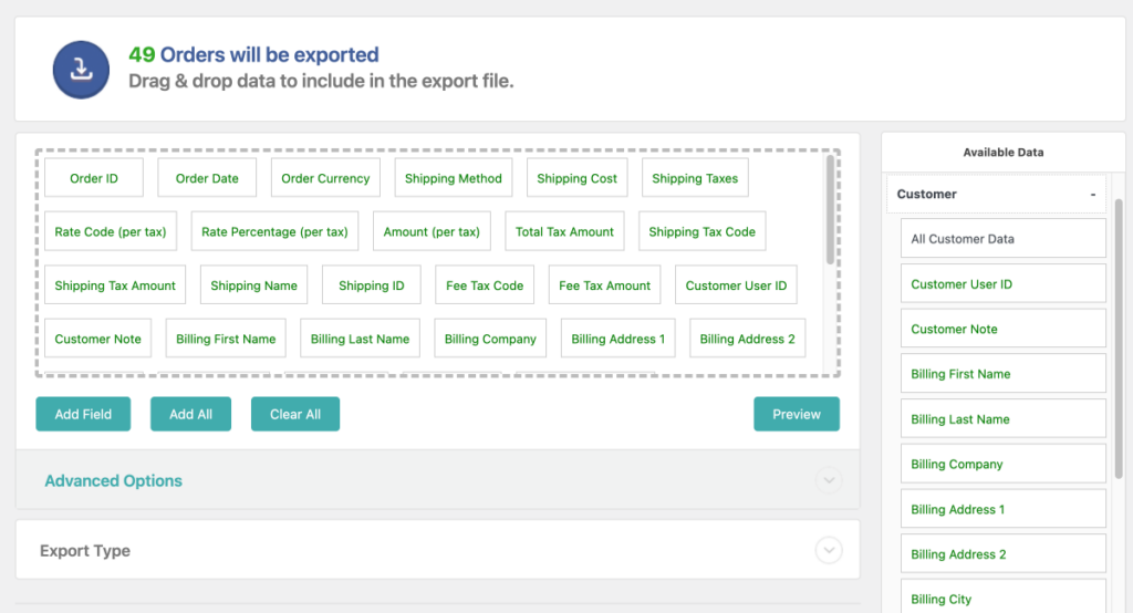 shipping order fields in export file